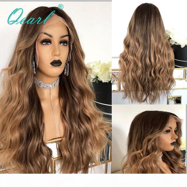 

brown blonde highlights color human hair lace front wig 250% 180% high density brazilian remy wavy hair wigs 13x4 qearl, Black;brown