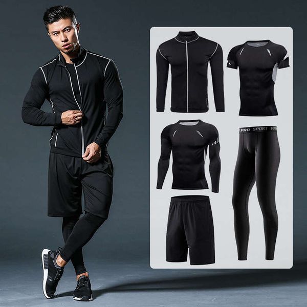 

sports men's autumn winter fitness running basketball training suit short sleeve t-shirt tight jacket 5-piece set, Gray