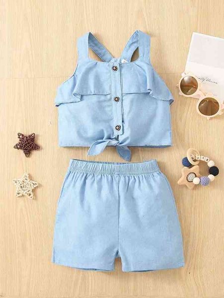

baby knot front button front crop cami & shorts she, Blue