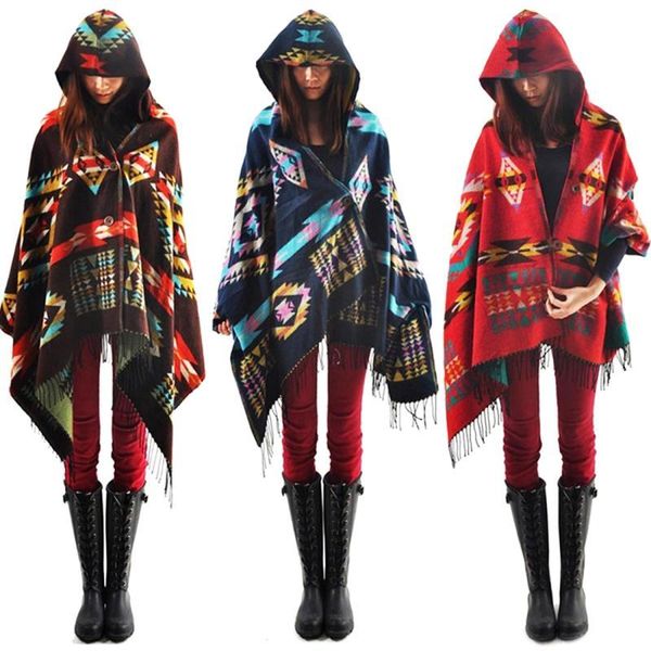 Sciarpe Donne alla moda Boho con stampa etnica Felpa con cappuccio Mantella Poncho Sciarpa con scialle in lana acrilica Moda Ragazze Maglione con frange Avvolgenti con cappuccio