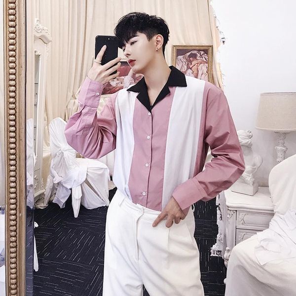 

2021 new college style simple unique design shirts men casual loose lantern sleeve personality splicing shirts stage costumes1, White;black