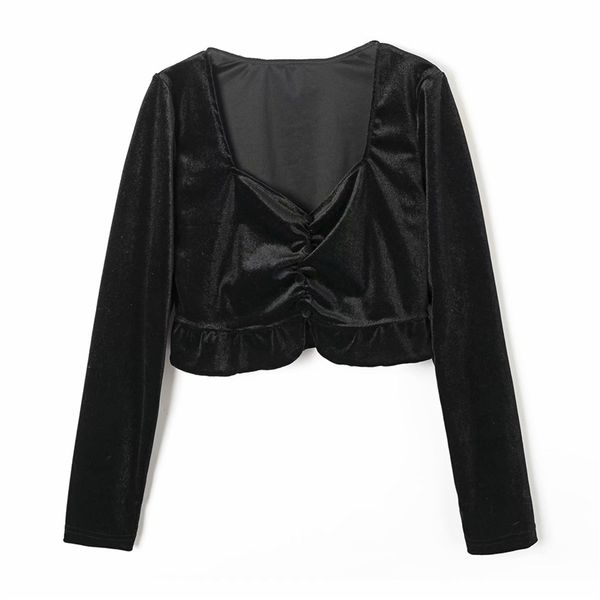 

2021 new elegant women black velvet shirts fashion ladies square collar streetwear female ruffles short blouses 9oyi, White