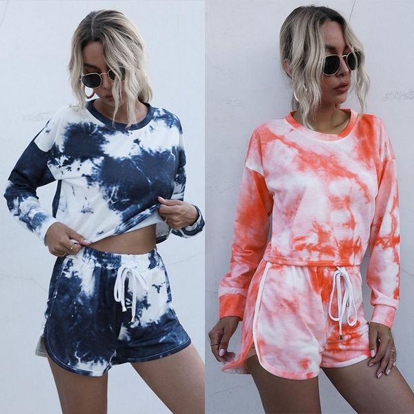 

women home set tie dye long sleeve shirt and shorts outfits casual suit 2 pieces sets, Gray