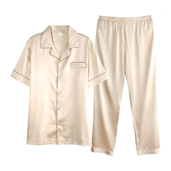 

high-grade gold satin silk pajamas short sleeve for men silk long pants sleepwear summer male pajama set soft nightgown for men1, Black;brown