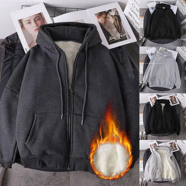 

women winter sweatshirts bf style coat causal warm thick fleece pocket solid grey black female hooded coat outerwear oversize