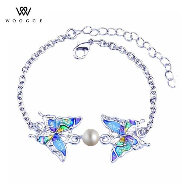 

2020 fashion jewelry new silver chain multi color enamel pin metal charm pearl crystal rhinestone butterfly bracelets for women, Black