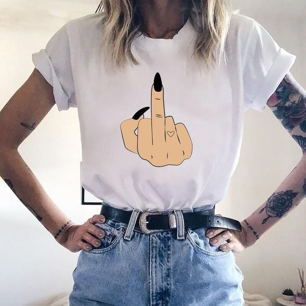 

funny middle finger print t shirt women short sleeve o neck loose tshirt women tee shirt female clothes camisetas mujer, White
