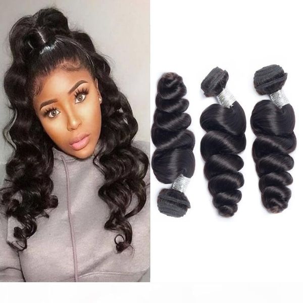 

3 pieces remy loose wave human hair extensions double drawn brazilian malaysian mongolian loose wave weave virgin hair wefts bundles, Black