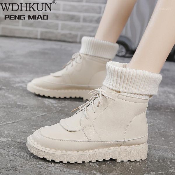 

women boots ankle boots 2020 winter shoes lace-up knitted flat shoes rubber women leather 3cm heel1, Black