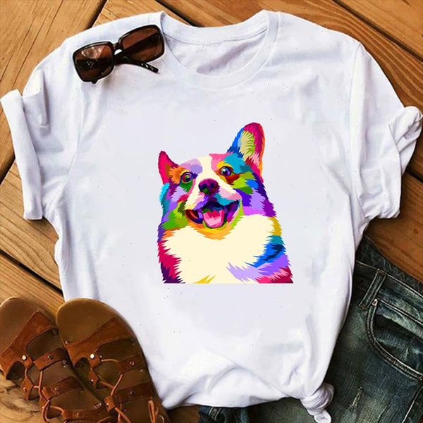

funny watercolor dog printed t shirt women 90s graphic t shirt harajuku tee cute short sleeve animal tshirt female tshirts, White
