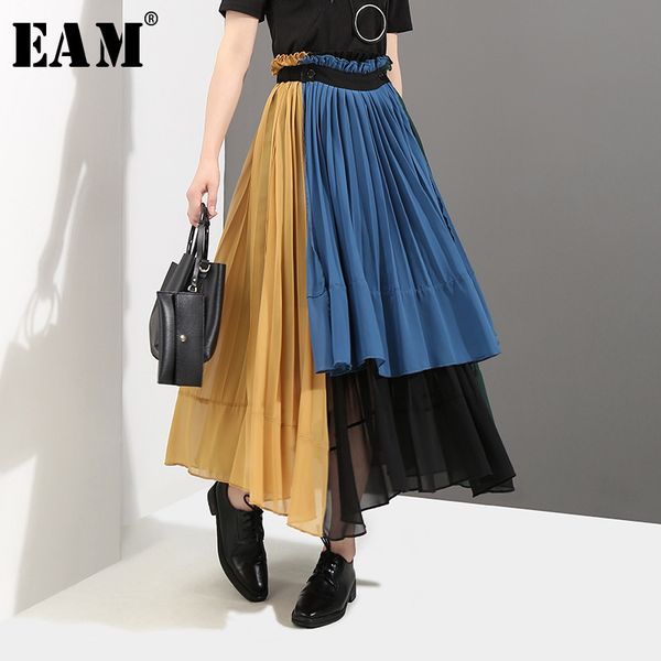 

eam] 2020 new spring high elastic waist green hit color pleated irregular haf-body skirt women fashion all-match jg208 1014, Black