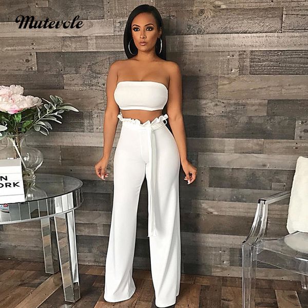 

mutevole женщины сексуальная из двух частей штаны набора без бретелек crop top и штаны 2 шт набора сплошных оборок широкой ноги брюки 2pcs o, Gray