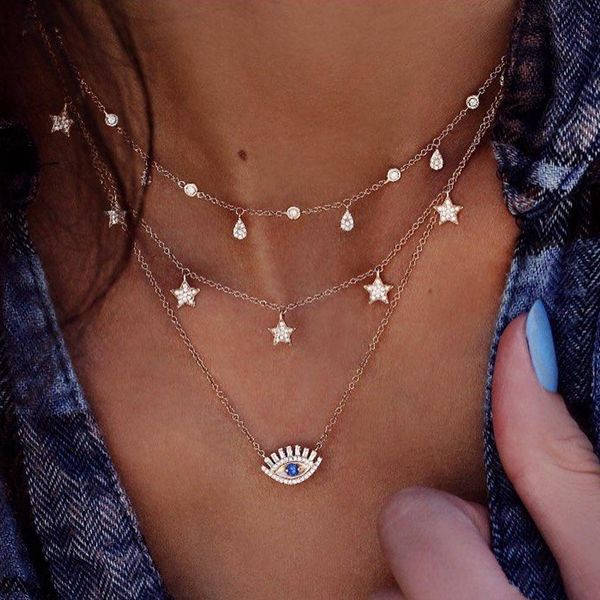 

wholesale personalized full cz star water drop eye charm necklace fashion crystal women multi layer necklace, Silver