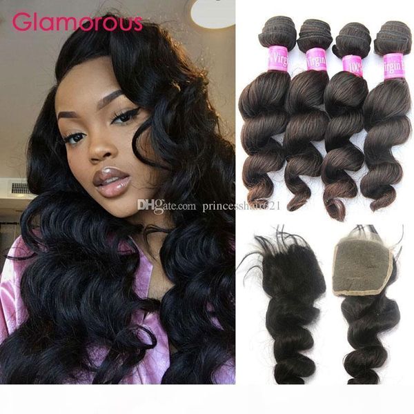 

glamorous part lace closure with 4bundles brazilian loose wave virgin human hair weaves with 4x4 lace closure remy human hair 5pcs lot, Black;brown