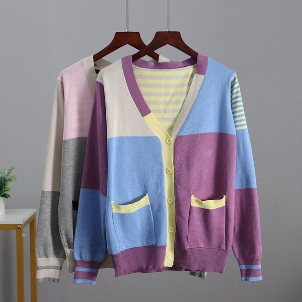 

women's knits & tees striped knit cardigans sweater women v neck patchwork elegaht thin pull femme print short casual coat fall winter, White