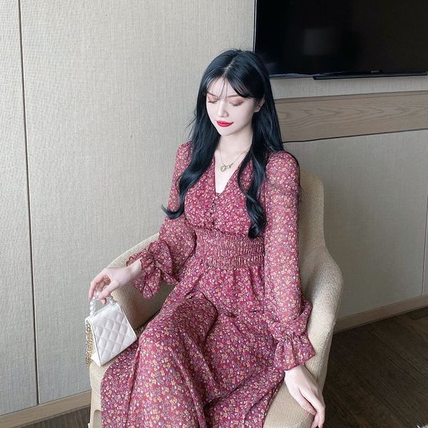 

fhhnh style slimming women's clothing 2020 early autumn new high chiffon skirtwaist size dress long sleeve western large long skirt flo, Black;gray