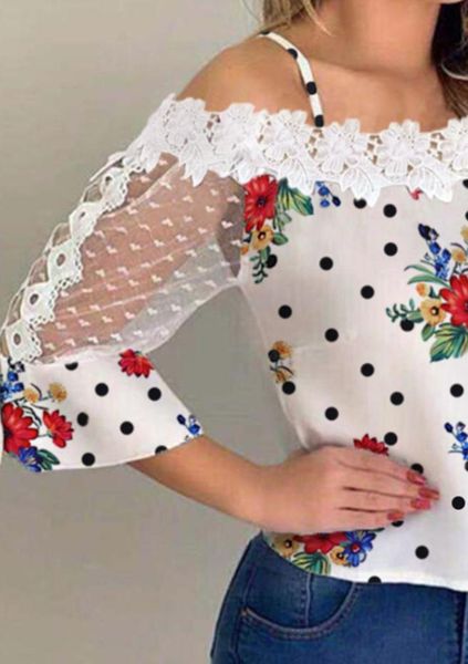 

women's explosive style one word collar dots and spots printed mesh stitching lace lace shirt long sleeve t shirt, White