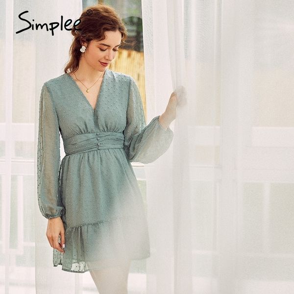 

simplee women v-neck solid party dress elegant lantern ruffled long sleeve dress high waist female autumn winter dress 201027, Black;gray