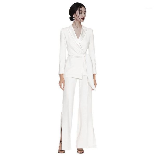

2020 women blazer turn down collar spring coat with belt blazer pants set office ladies two-pieces sets casaco feminino1, White;black
