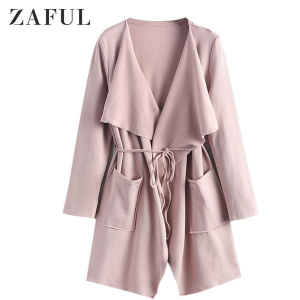

women's trench coats zaful patched pockets belted waterfall turn-down collar long sleeve solid color skirted coat for women autumn long, Tan;black