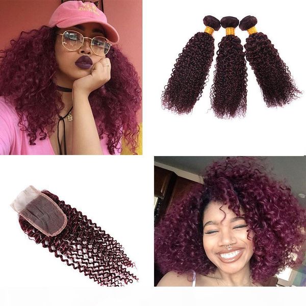 

99j brazilian virgin human curly hair with lace closure 99j kinky curly 3 bundles wine red burgundy weft weaves with 4x4 lace closure, Black;brown