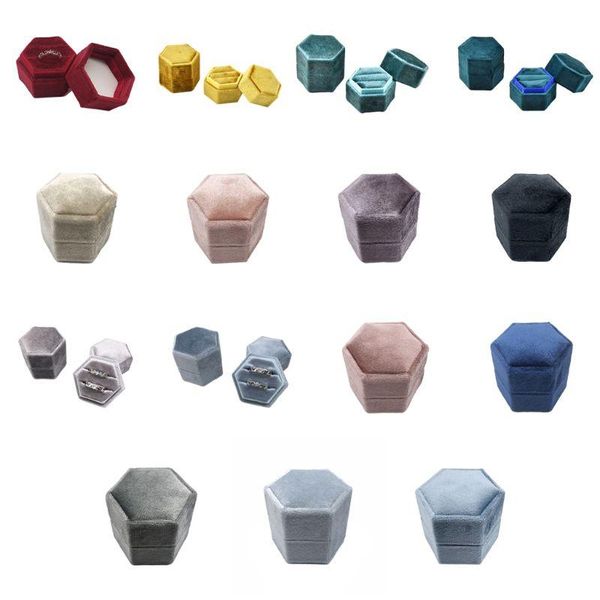 

hexagon velvet ring box double ring display holder with detachable lid box holder for wedding ceremony, Pink;blue
