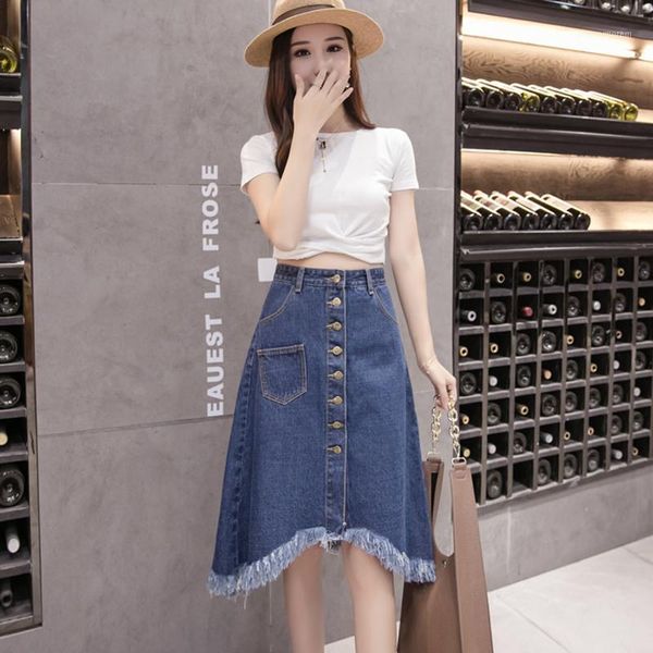 

cowboy midi denim skirt women 2018 new summer high waist pockets tassel skirts a-line blue denim skirt for 40-100kg woman1, Black