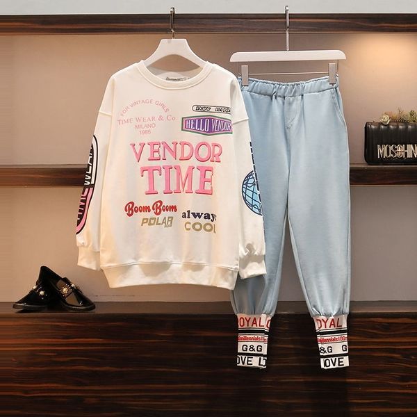 

fashion spring women two pieces set long sleeve and pants suit letters print casual hip hop lady tracksuits plus size l-4xl y201128, White