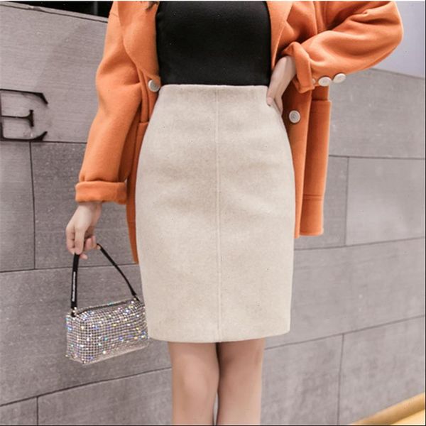 

2020 winter black thick woolen mini pencil skirts women casual slim high waist ladies office work wool saias s9221