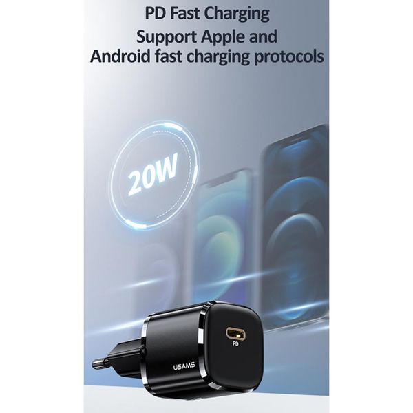 

usams us-cc124 t36 20w pd usb-c type-c single port mini travel charger eu plug