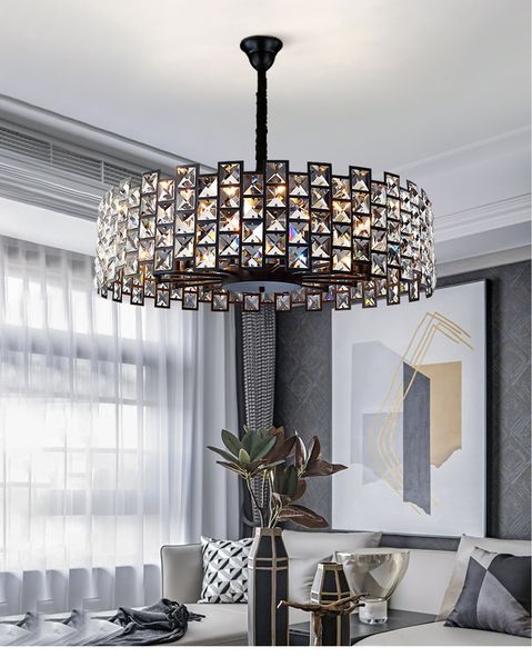 Moderne schwarze Kronleuchter mit Kristallen beleuchten rustikale, runde LED-Kronleuchter mit schlichtem Design im Wohnzimmer und Schlafzimmer