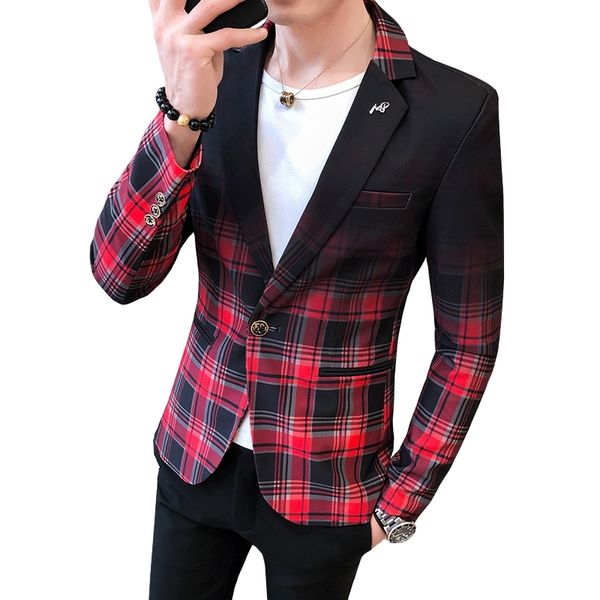 

men blazer spring and autumn new fashion contrast color plaid pattern suit splicing slim casual mens suits blazers 201013, White;black