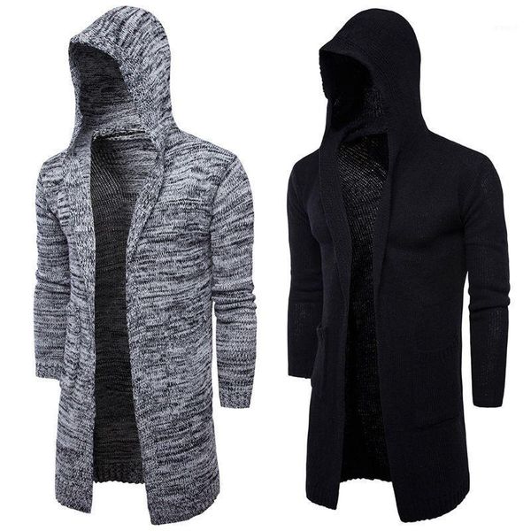 

mens long hooded cardigan open front solid color knitted sweater outwear coat u50c1, White;black