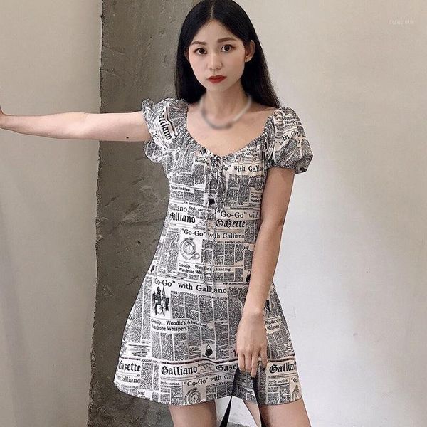 

women's fashion spaper print square collar casual short sleeve dressn1, White;black