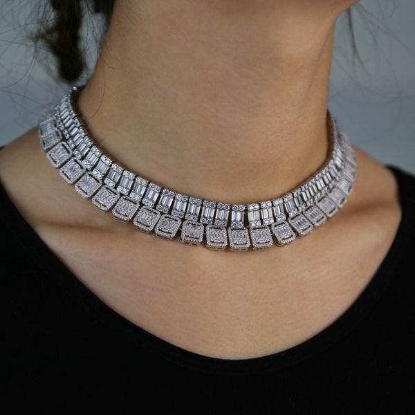 

new gold color wide square cz paved baguette tennis chain choker necklace iced out bling 5a cz hip hop chain necklace, Golden;silver