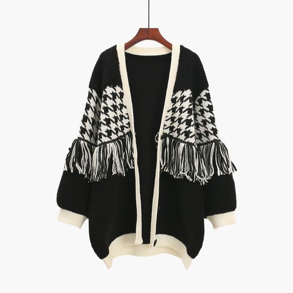

plaid tassel cashmere lady sweater cardigan single breasted women warm sweaters long sleeve wild harajuku 201029, White;black