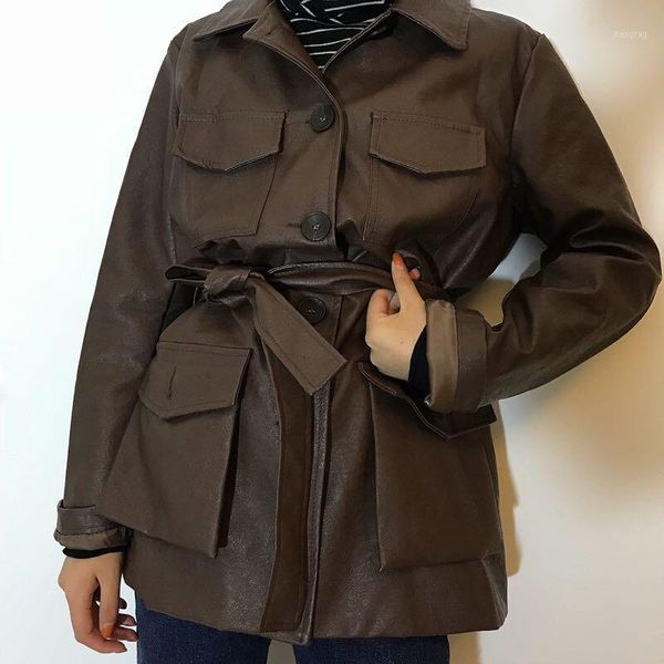 

2020 new spring autumn pu leather lace up women's bf jacket lapel collar vintage large size coat female cc18181, Black