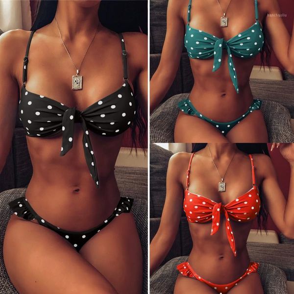 

bikinis set bow tie push up bikini polka dot retro frill g-string thong swimwear beachwear bathing suit1