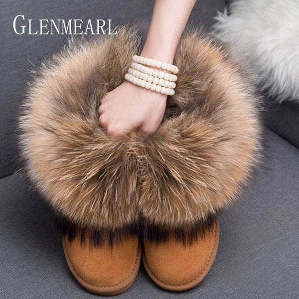 

women bootswomen boots genuine leather real fox fur brand winter shoes warm black round toe casual plus size female snow boots de