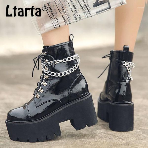 

boots ltarta winter women's thick round head patent leather chain lace up wedge high heel -96-11, Black