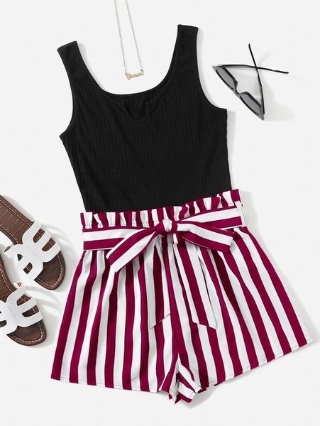 

ribbed knit stripe print belted romper v3mz#, White