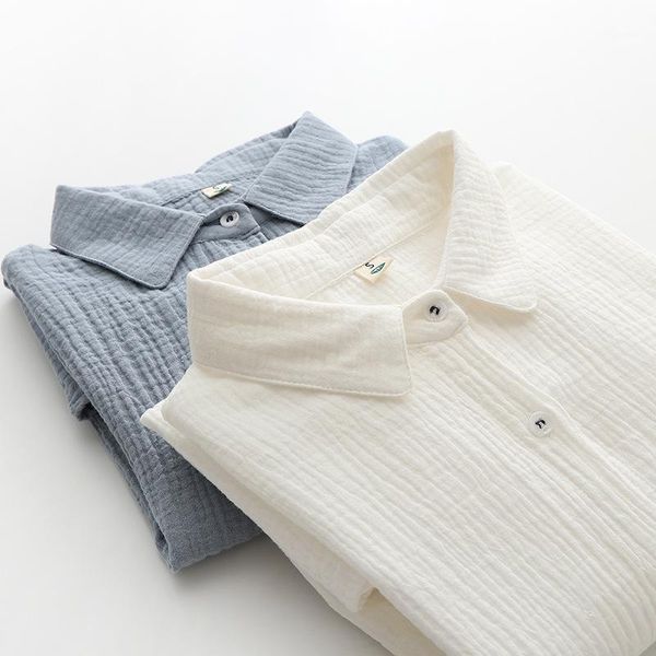 

2021 new autumn women shirts korean style simple turn-down collar long sleeve double cotton yarn solid color blouses for femme1, White