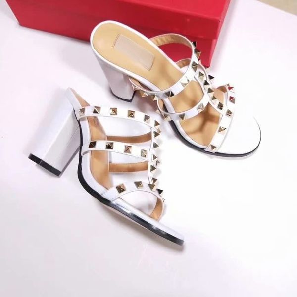

design leather sandals slingback pumps ladies high heels woman shoes fashion flat heel riveted beach woman slippers size 34-42, Black