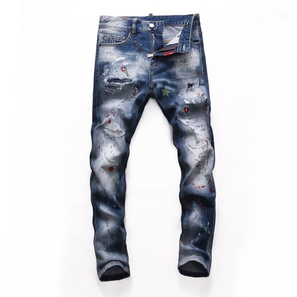 

european style brand straight jeans men stretch elastic slim denim jeans mens washed blue zipper hole for man 82541