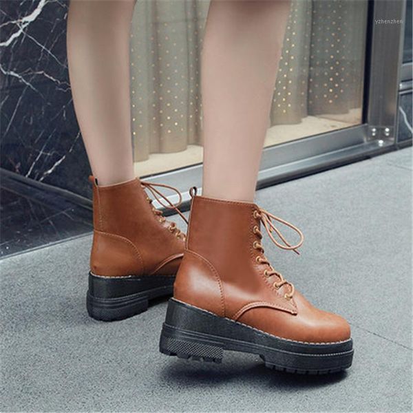 

boots 2021 fashion autumn winter flat warm ankle woman chunky sneakers platform pu leather lace up women shoes botas mujer1, Black