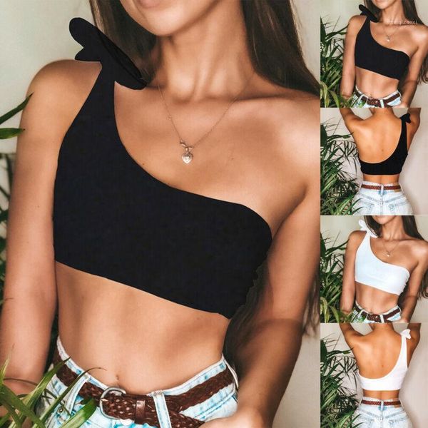 

women single shoulder knot swimsuit backless short swimwear vest1, White