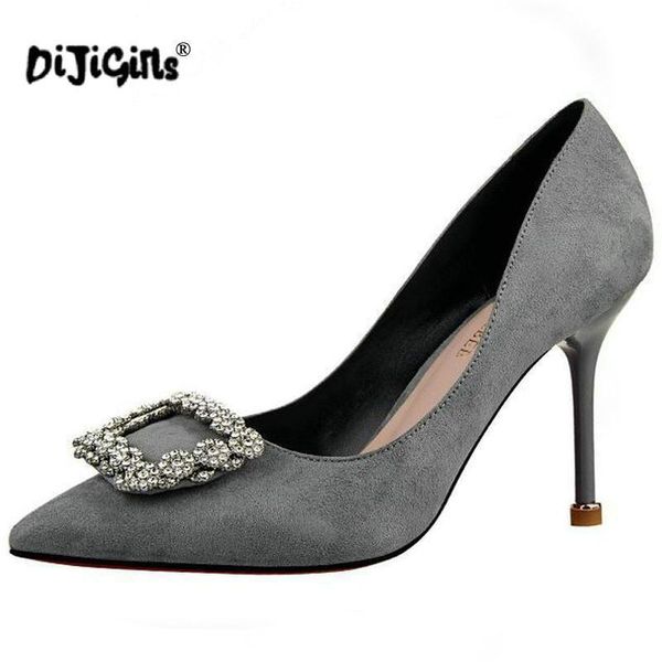 

dijigirls women high heels shoes buckle rhinestone high-heeled shoes suede flock thin elegant fashion pointed pink, Black