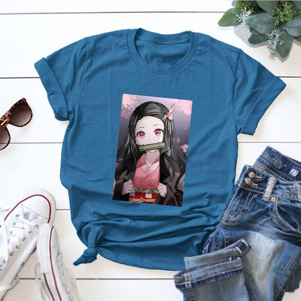 

cute graphic female summer slayer kimetsu no yaiba t shirt women harajuku hip hop tshirts kawaii light blue t-shirts, White