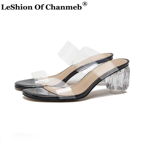 

slippers elegant thick clear heels for women ladies big size 43 transparent pvc slides summer shoes woman beach flip flops mules1, Black