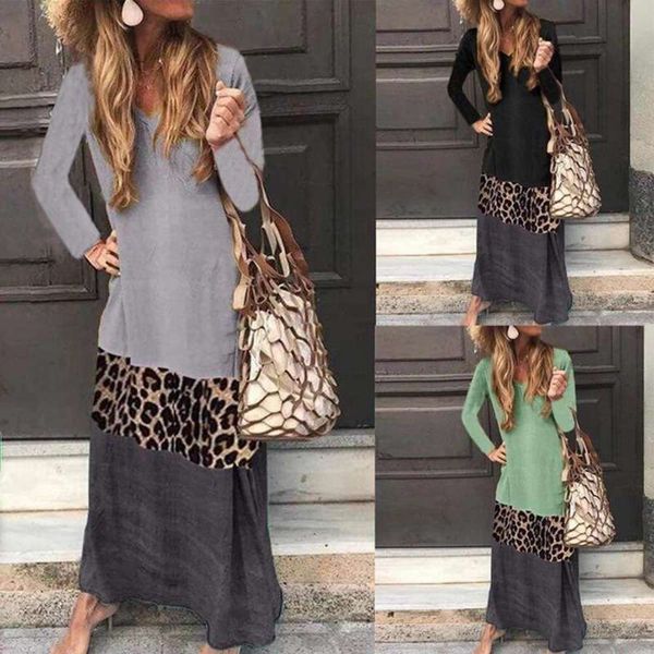 

color 2020 selling contrast v-neck leopard stitching long sleeve casual one piece dress, Black;gray